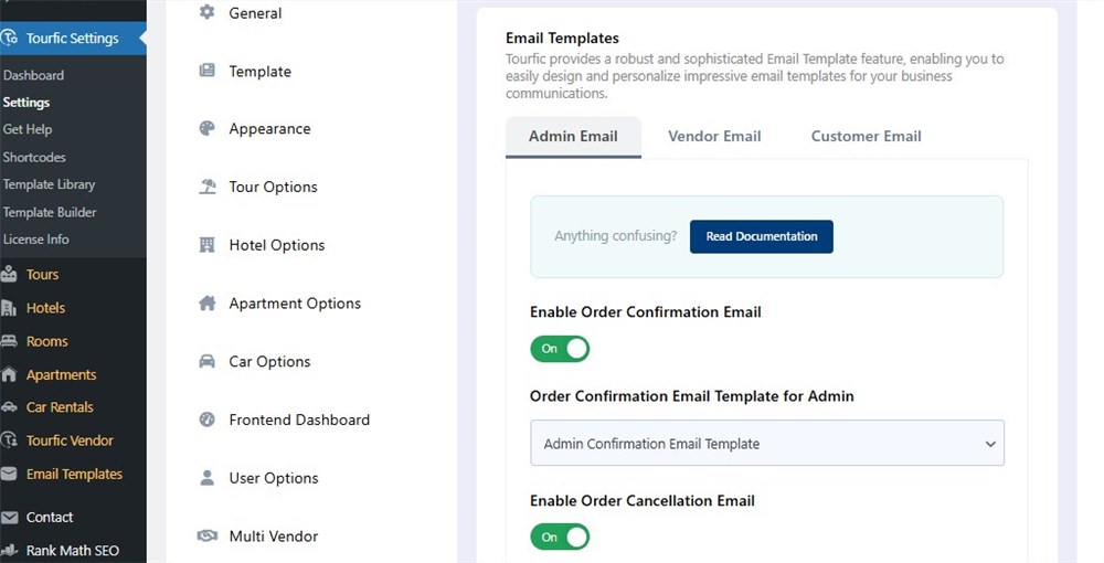 Screenshot of the Tourfic email settings.