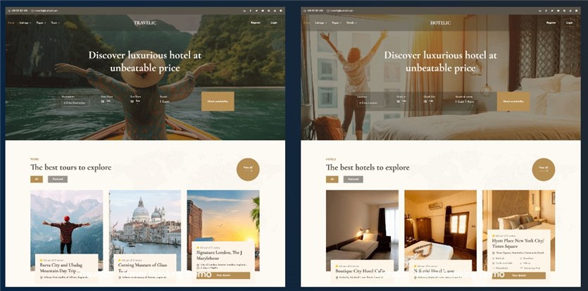 Screenshot of the Tourfic hotel theme demos.
