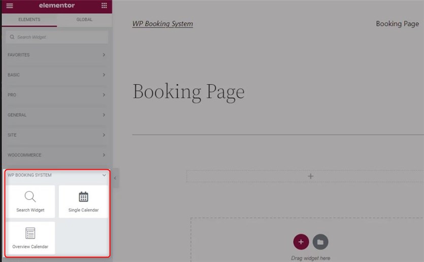 Screenshot of the WP Booking system Elementor widgets.