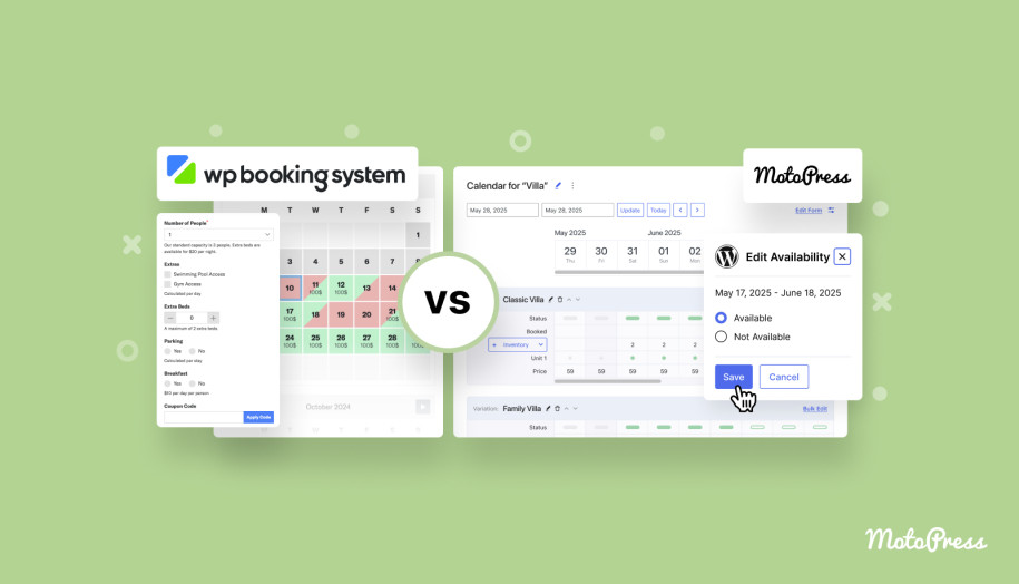 Collage of the WP Booking System and MotoPress Booking Calendar comparison.