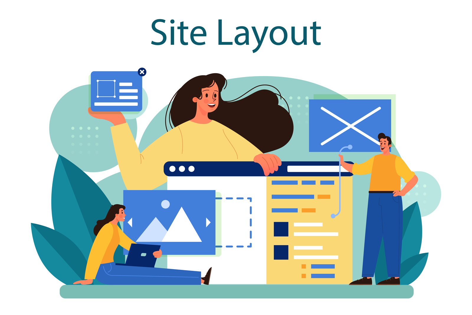Illustration of a site layout concept used in modern web design, and a comparison of Hello Elementor vs Astra solutions.