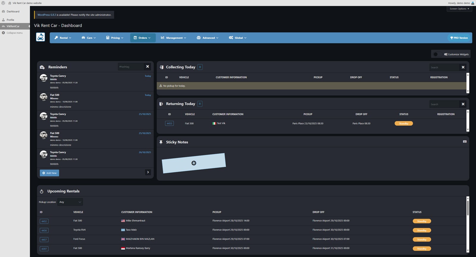 A graphic of the dashboard displayed by the Vik Rent Car plugin.