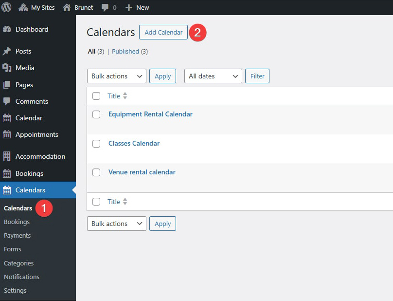 Representation of the Calendars tab of the WordPress restaurant Booking Calendar plugin.