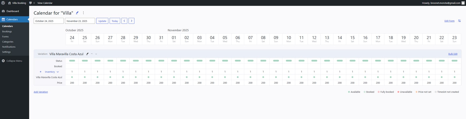 Representation of the calendar and inventory manager of WordPress Booking Calendar by MotoPress.
