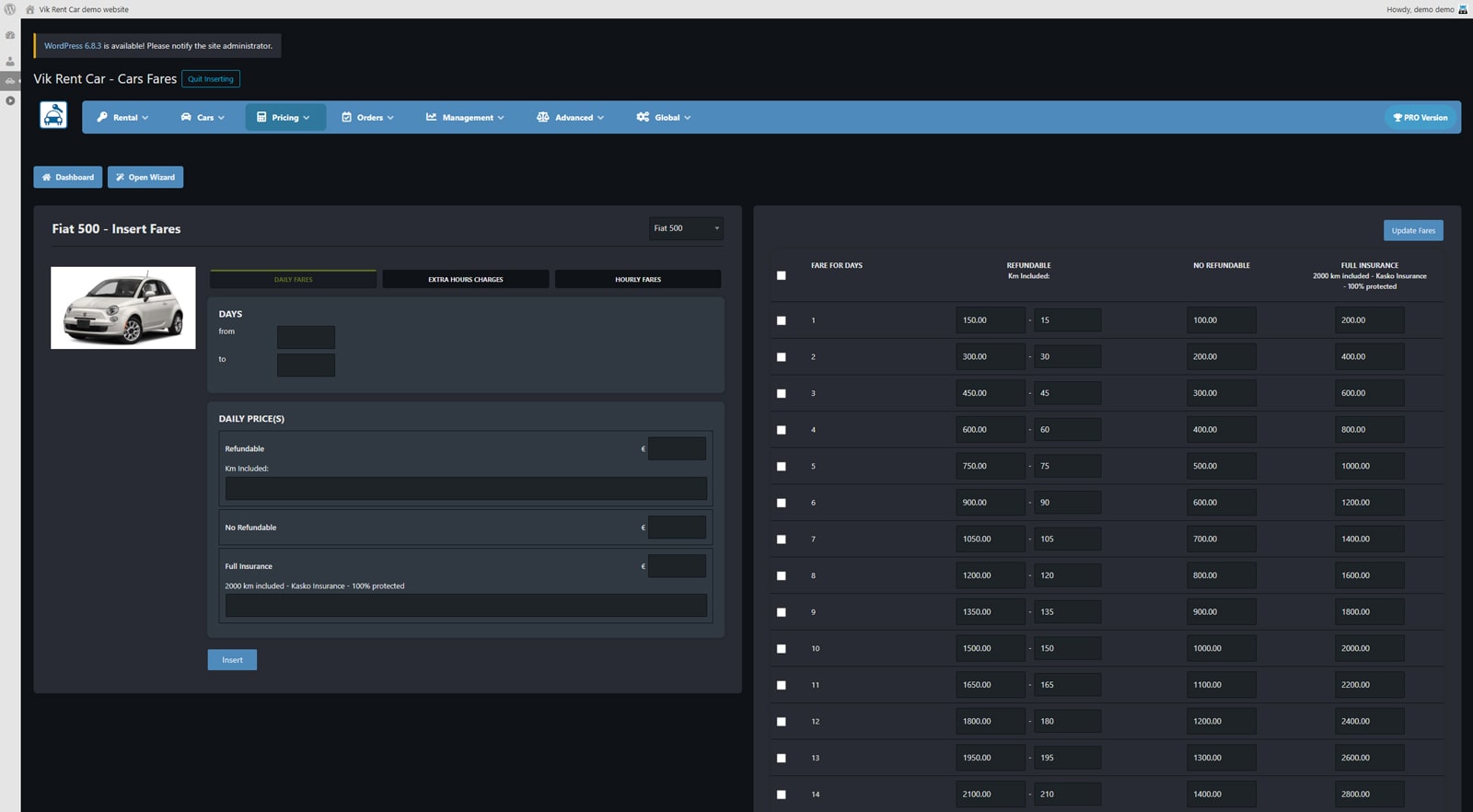 Visual of the car fares management interface, as included with the Vik Rent Car plugin.