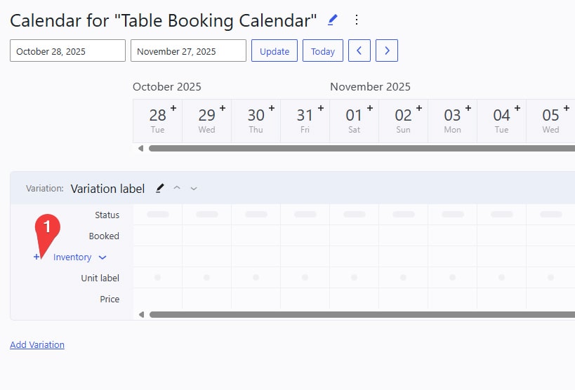 Illustration of the inventory management layout of the WordPress restaurant booking calendar plugin.