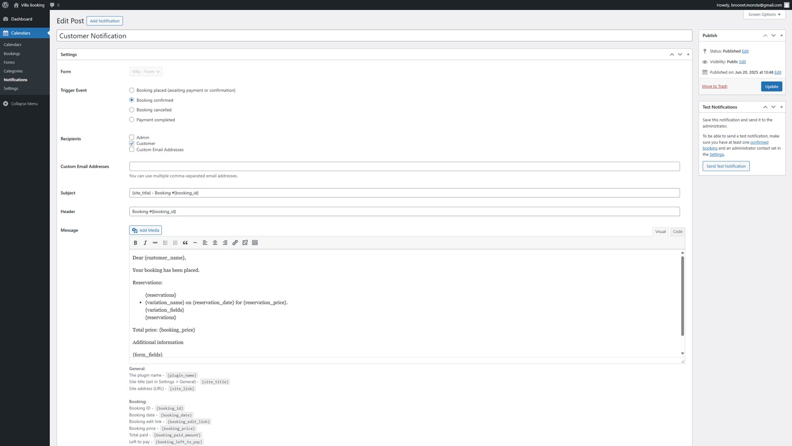 Image of email notification setup supplied with the MotoPress plugin.