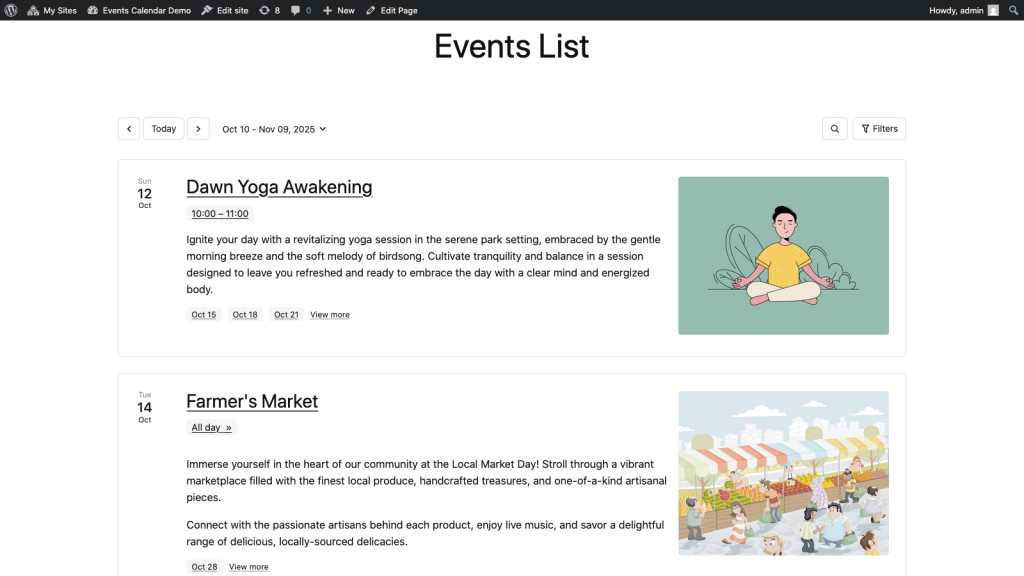 WordPress Events Calendar - List View