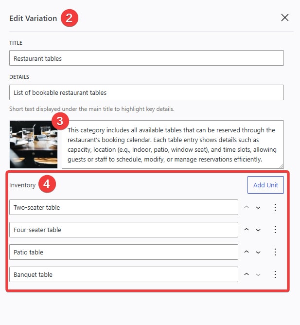 Image of variation editing sidebar for adding bookable restaurant tables.