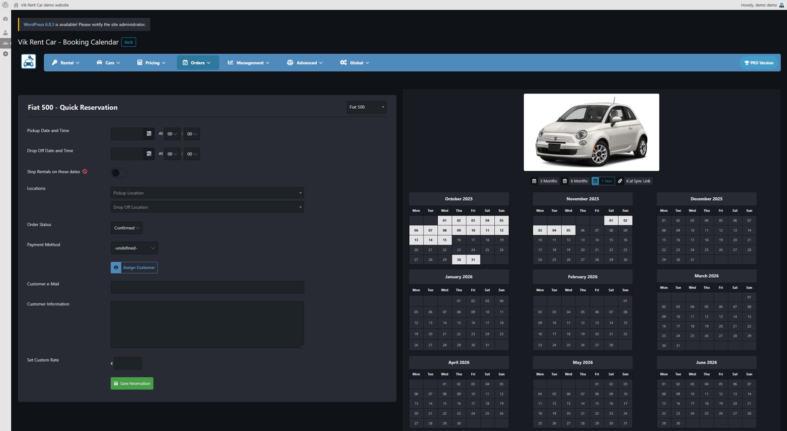 Portrait of the booking calendar within the Vik Rent Car plugin.