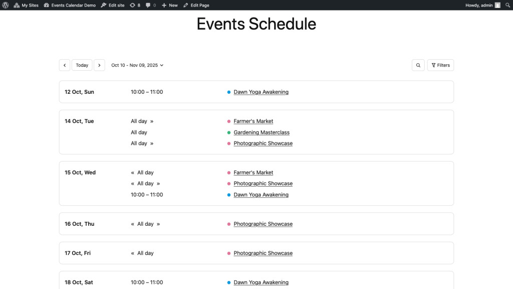 WordPress Events Calendar - Schedule View