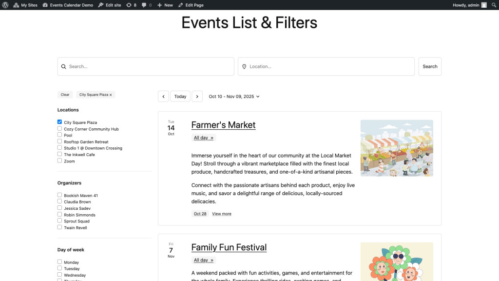 WordPress Events Calendar - List with Filters