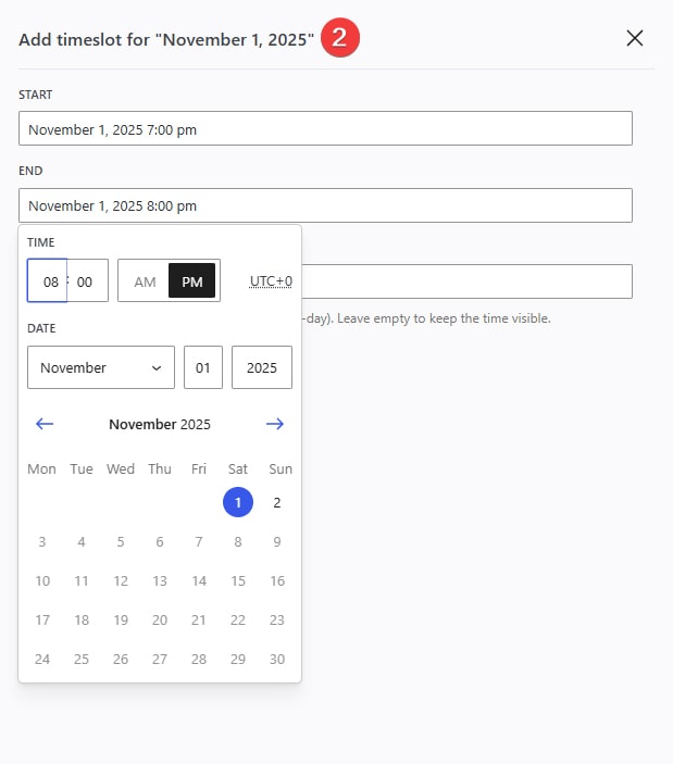 Figure of timeslot date picker provided with the MotoPress Booking Calendar plugin.