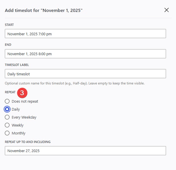 Picture of WordPress restaurant booking calendar repeat options for a new timeslot.