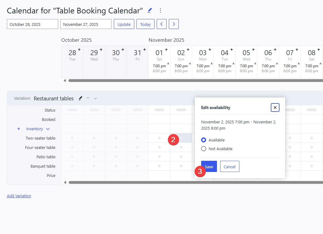 Snapshot of availability settings accessible with the plugin.