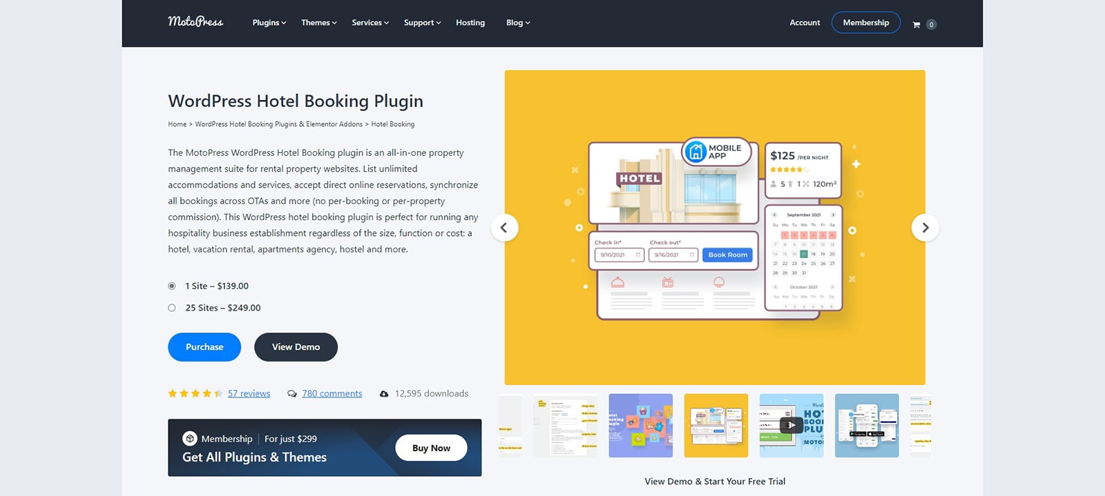 View of MotoPress Hotel Booking plugin, a modern booking management solution for WordPress websites with diverse settings and advanced functionality.