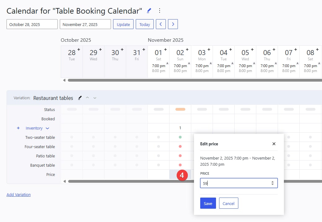 View of the rate editing window as shown in the WordPress restaurant booking dashboard.