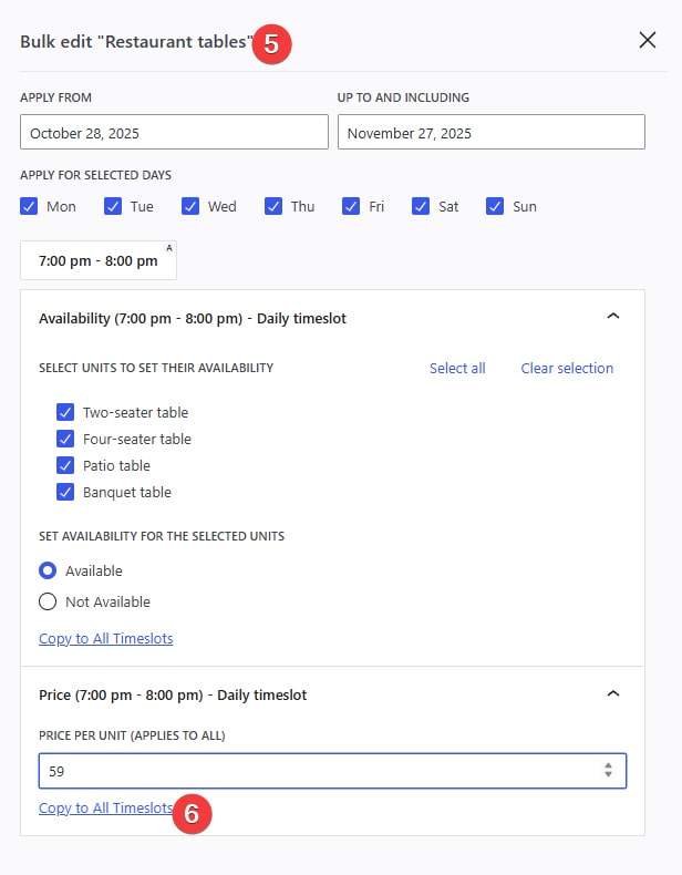 A picture of the bulk editing tools provided with the plugin for restaurants.