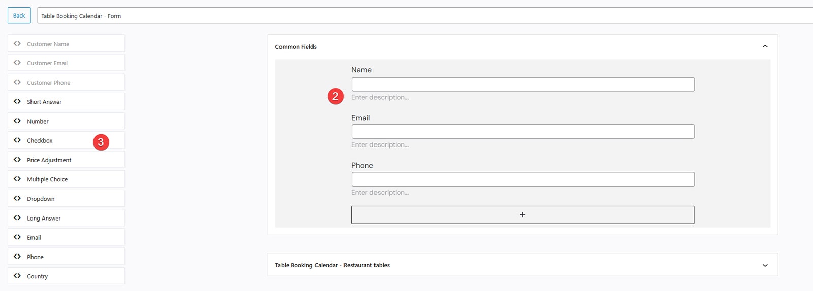 Image of booking form builder interface included with the WordPress restaurant booking calendar.
