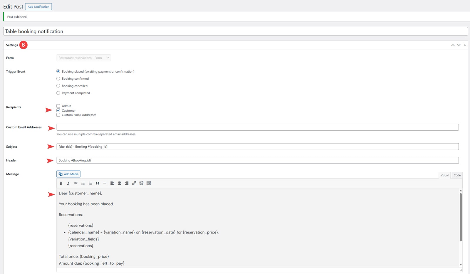 Representation of the email notification interface available with the WordPress booking calendar.