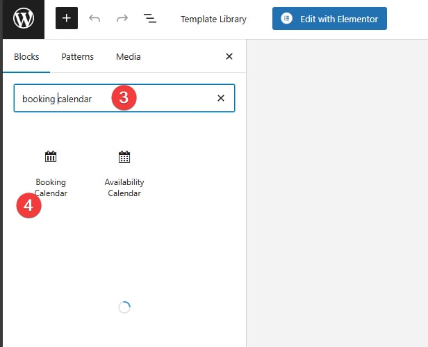 Visual of adding a WordPress restaurant booking calendar block using the Gutenberg block inserter.