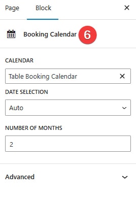 Figure of settings available for the WordPress restaurant booking calendar block within the Gutenberg page editor.