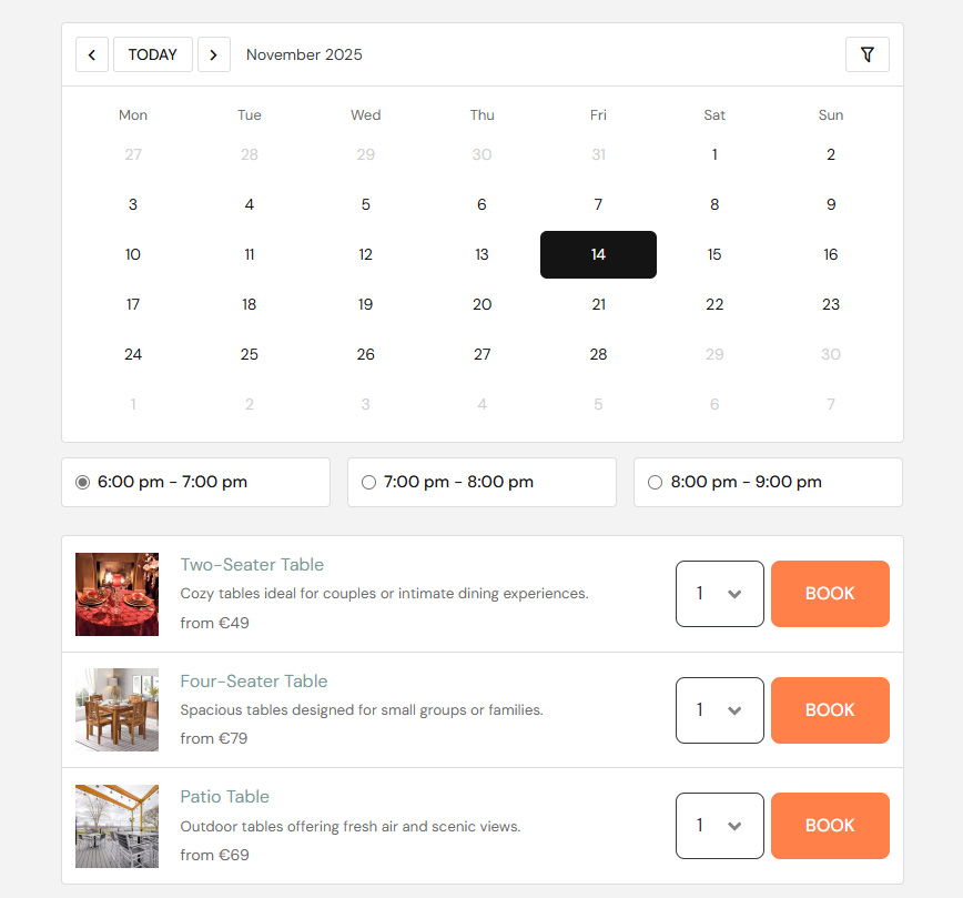 Picture of calendar layout available with the WordPress restaurant booking calendar.