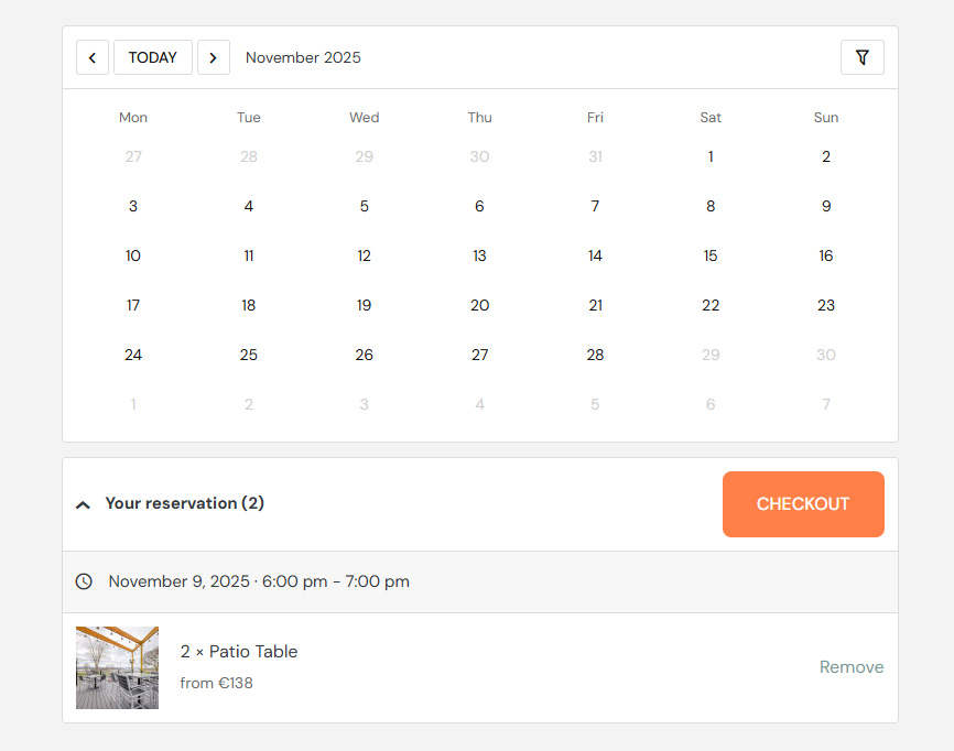 Picture of reservation confirmation after choosing a table with MotoPress Booking Calendar.