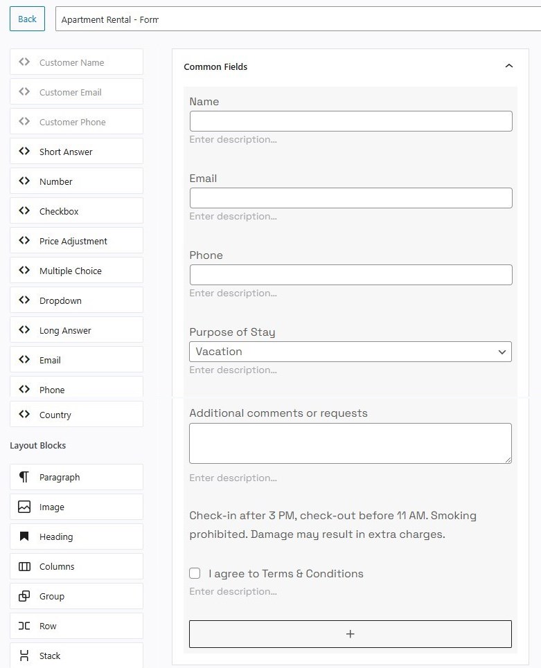 Screenshot of the apartment rental WordPress booking form.