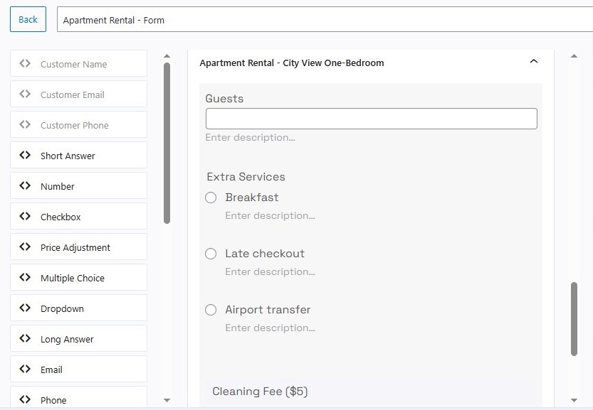 Screenshot of the city view apartment form fields.