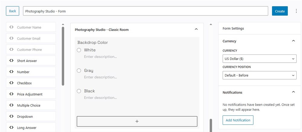 Screenshot of the classic room fields.