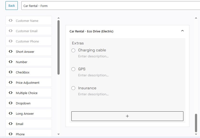 Screenshot of the electric car booking form fields.
