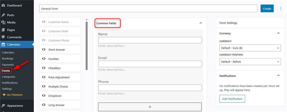 Screenshot of the general WordPress booking form.