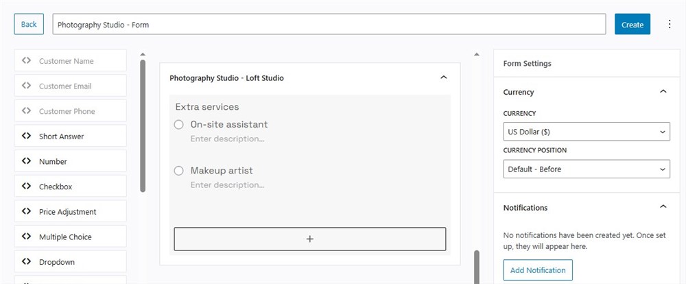 Screenshot of the loft studio fields.