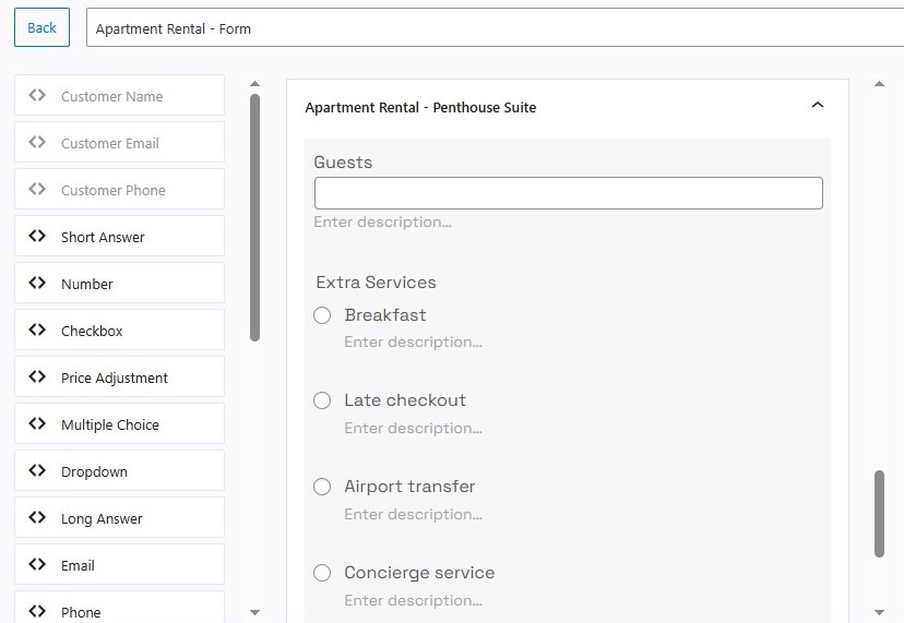 Screenshot of the penthouse WordPress booking form fields.