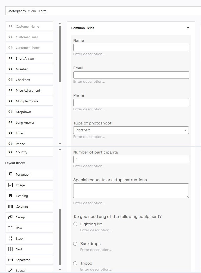 Screenshot of the photography studio WordPress booking form.