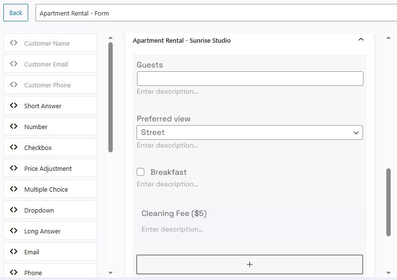 Screenshot of the sunrise studio apartment fields.