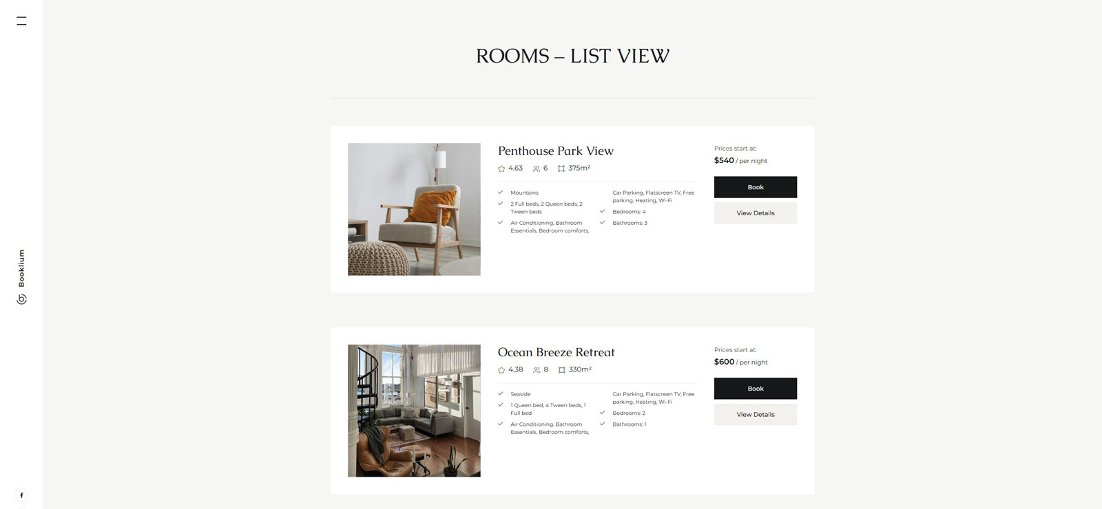 Photograph of a minimalist Accommodation page, suitable for boutique hotel website design.
