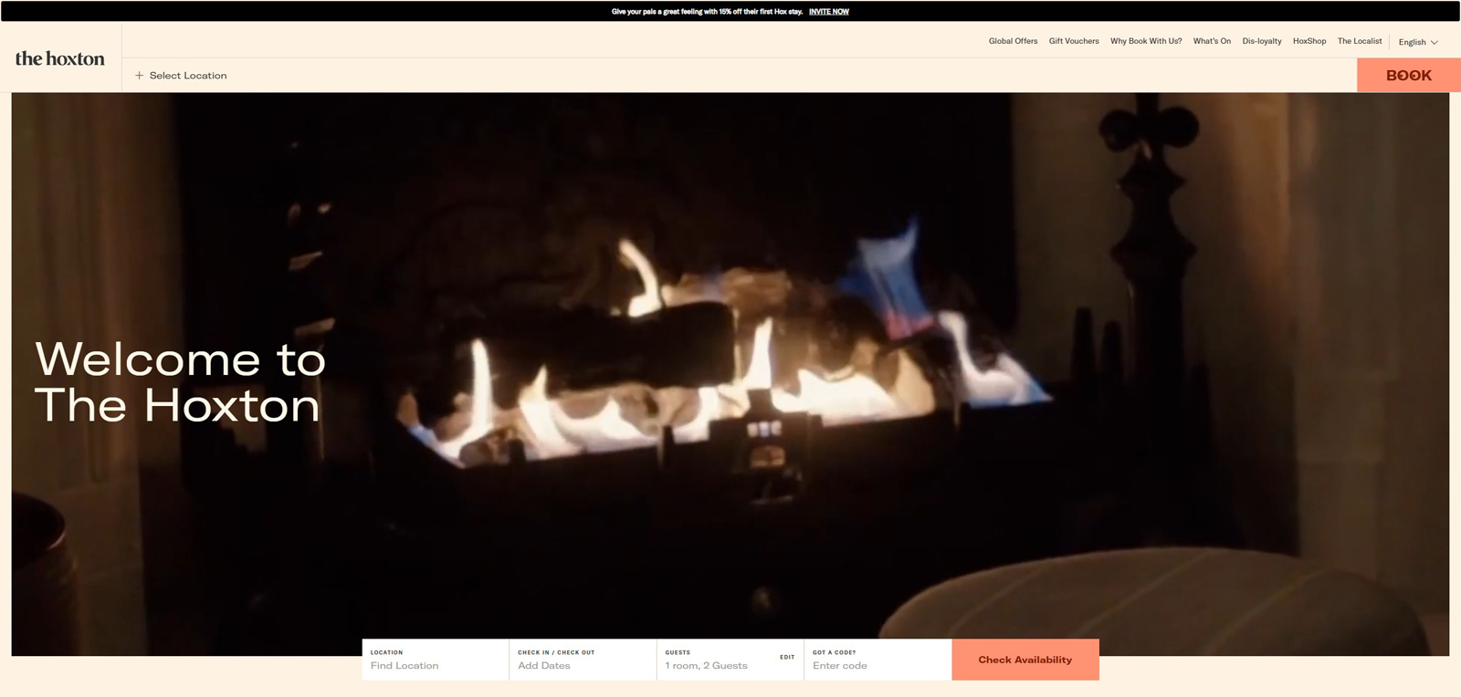 Visual of The Hoxton, an open-house boutique hotel website with a light color scheme.