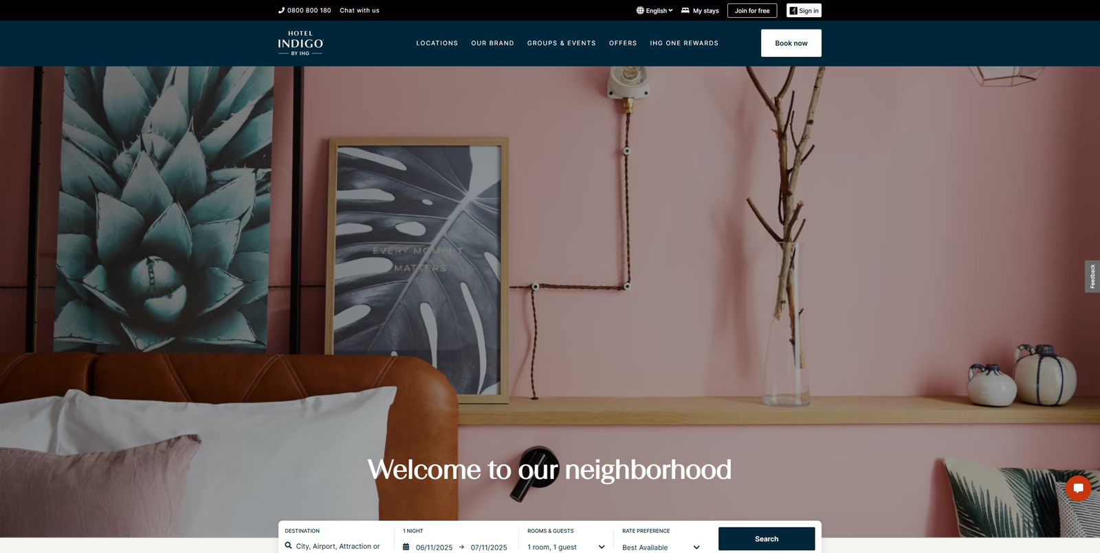 Illustration of Hotel Indigo, boutique hotel website design with a reward system.
