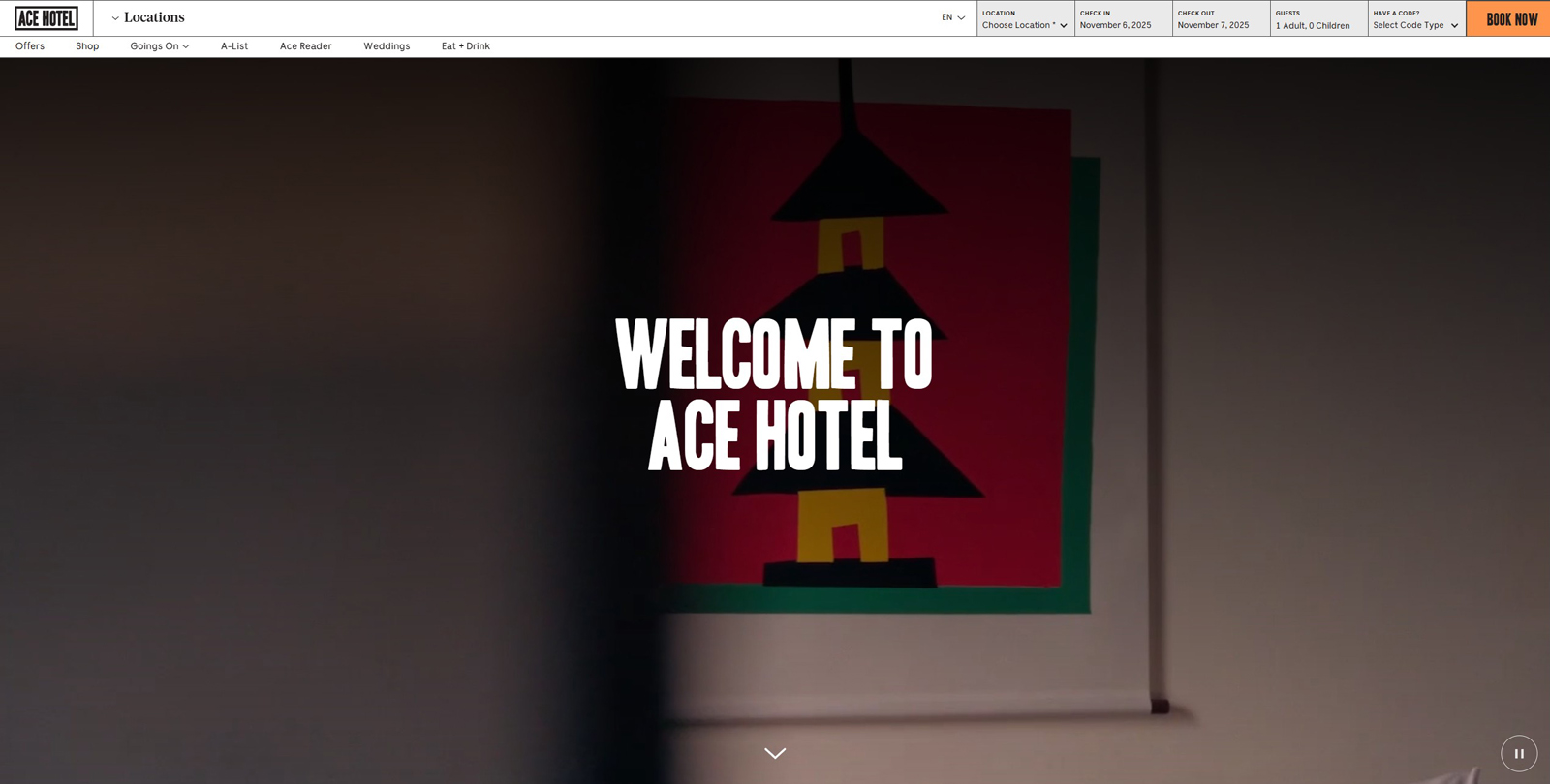 Image of Ace Hotel, an impressive website for a boutique hotel with sticky accommodation booking bar.