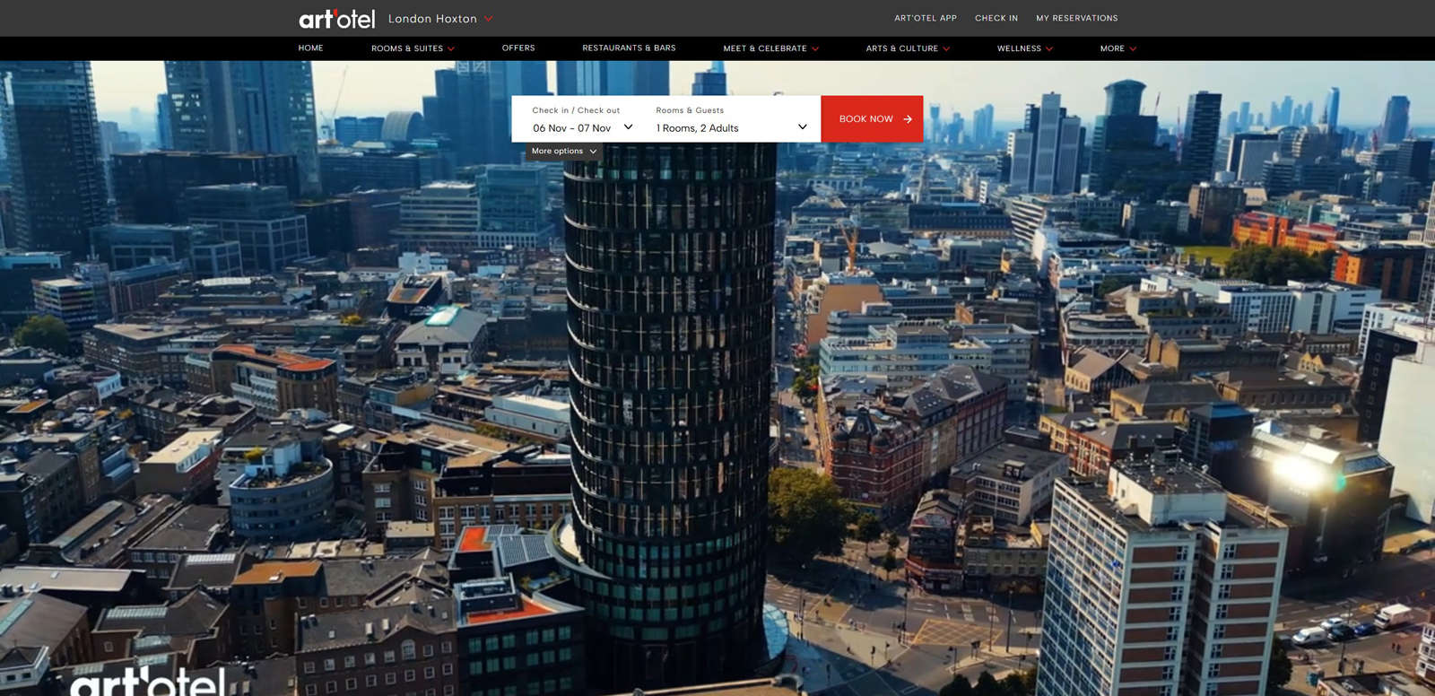 Snapshot of art’otel, an art-centered boutique hotel website with rich image gallery.