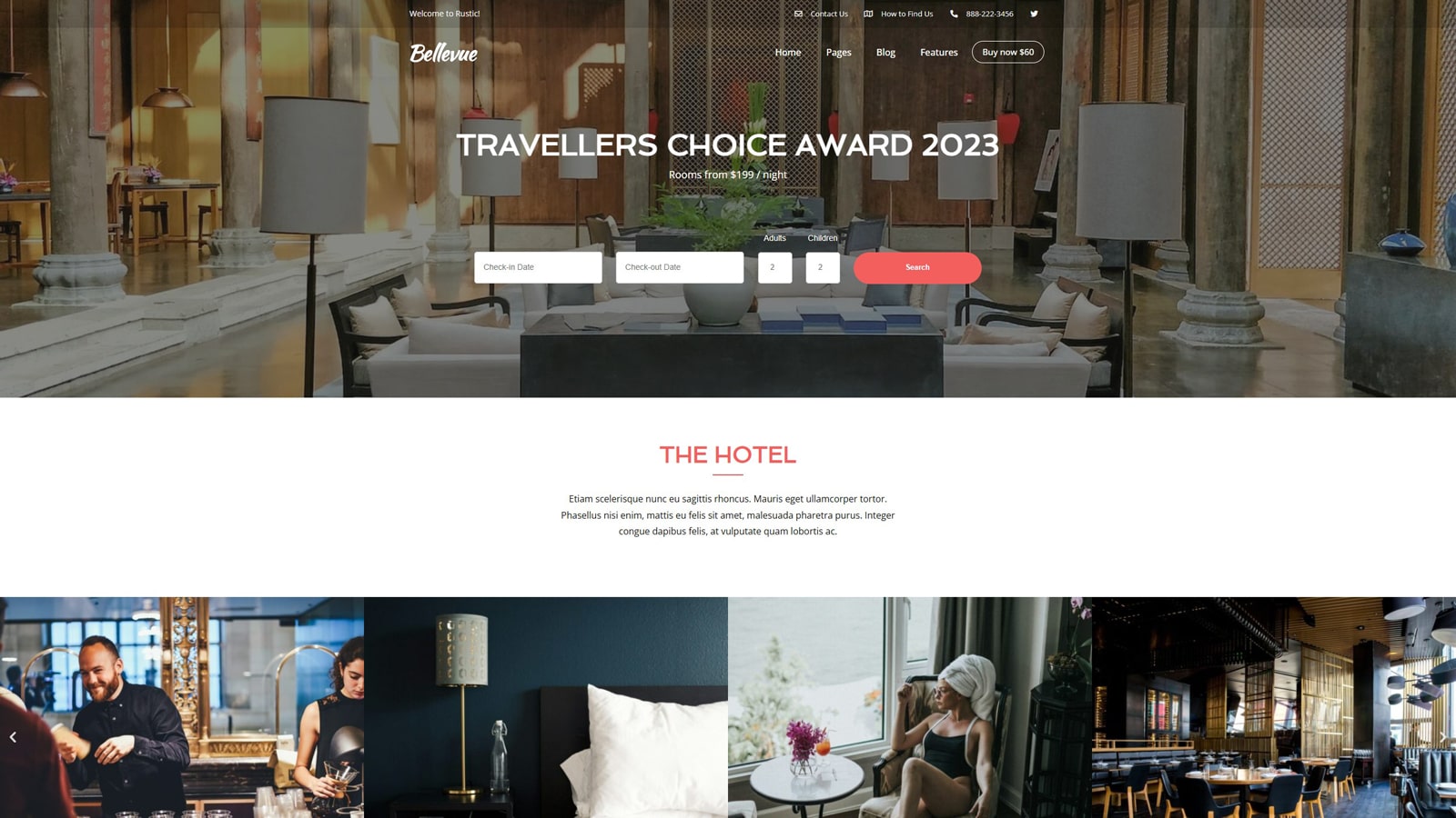 Graphic of Bellevue, a diverse vacation rental WordPress theme with multicurrency support.
