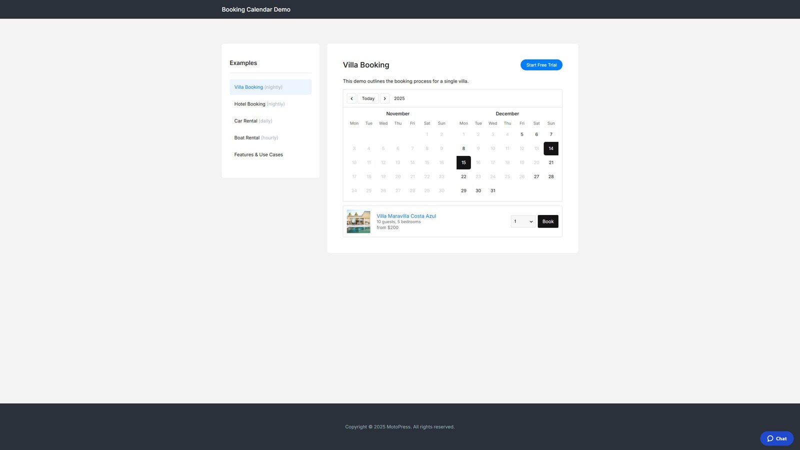 Photograph of Booking Calendar demo, displaying its frontend design, with some differences from Easy Booking.