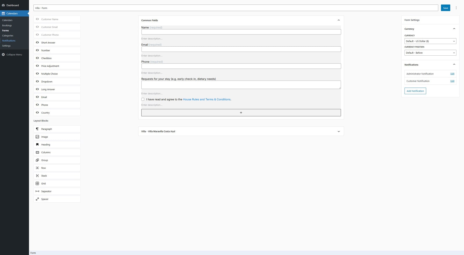 Representation of the booking form builder supplied with the Booking Calendar plugin.