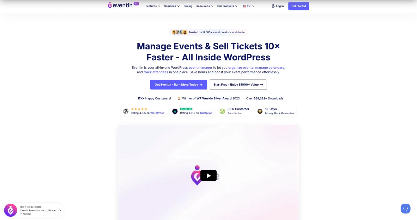 Representation of Eventin, an event planning WordPress plugin with attendee tracking.