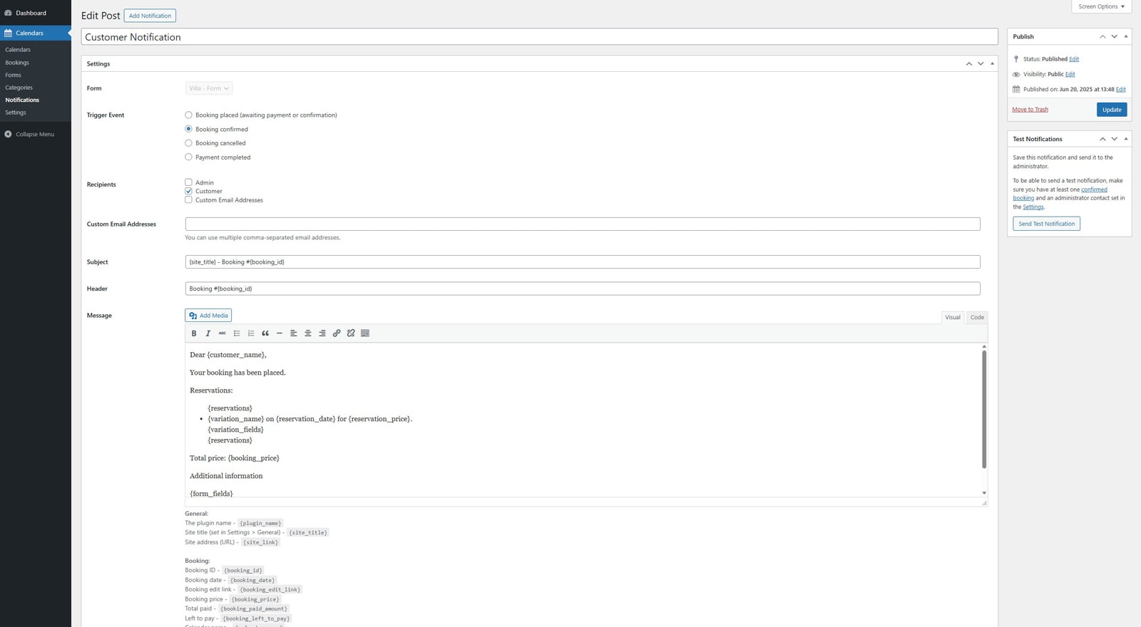 Illustration of email notification settings in the Booking Calendar plugin.