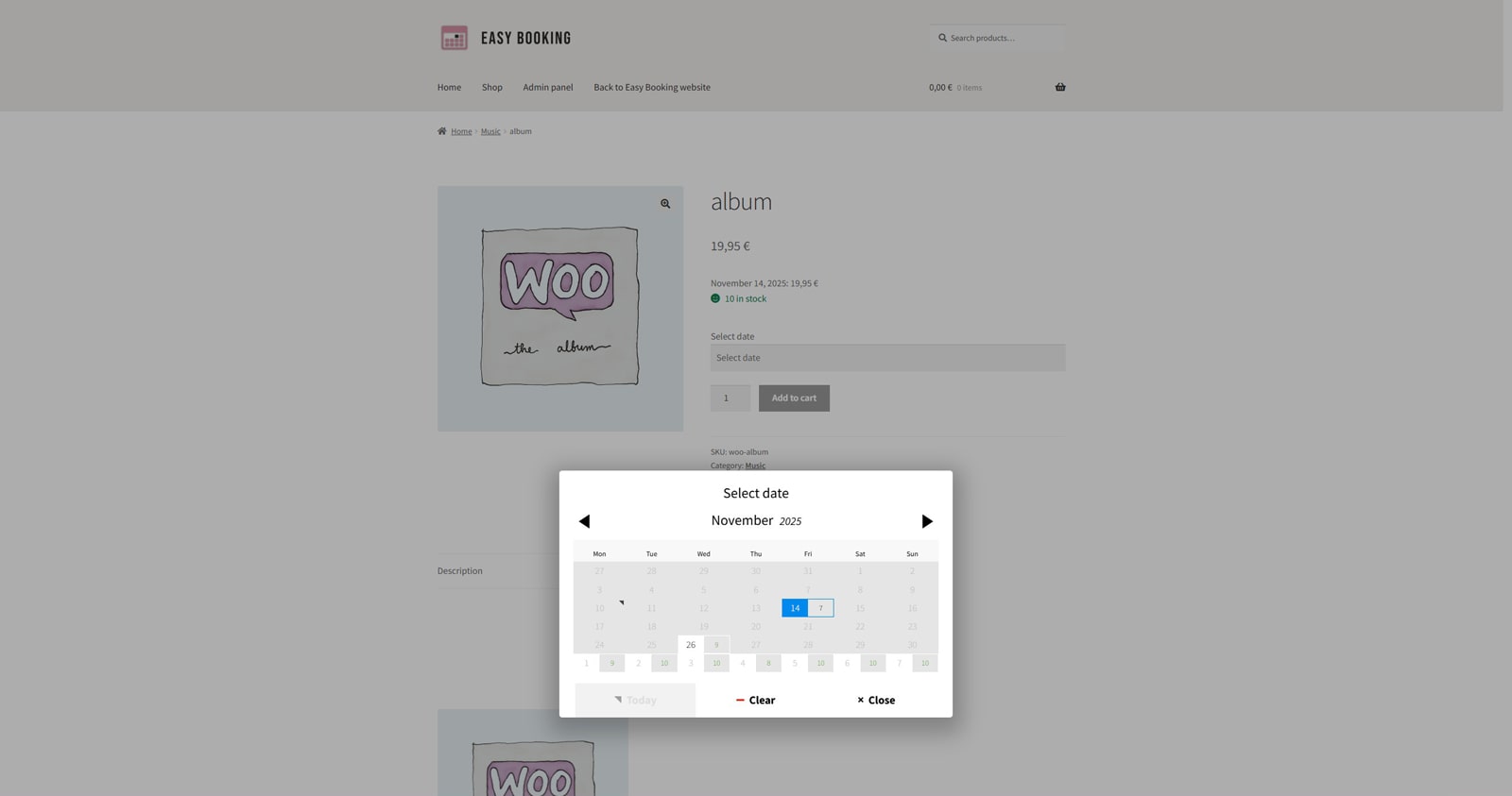 Image of the rental WooCommerce store interface created with Easy Booking.