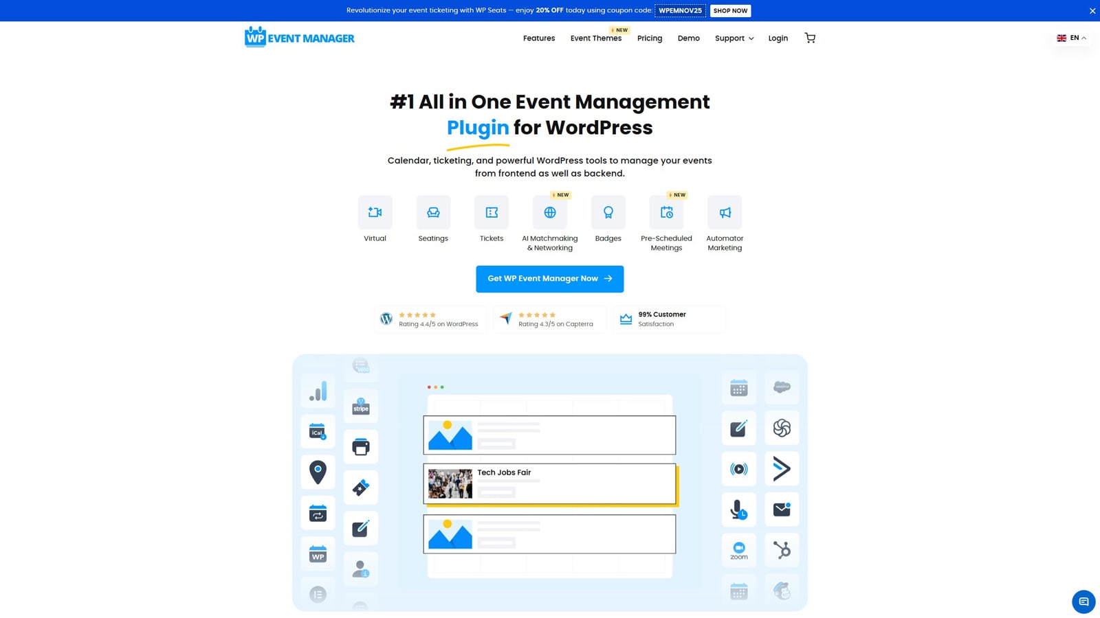 Representation of WP Event Manager, an event website plugin for WordPress with easy event classification.