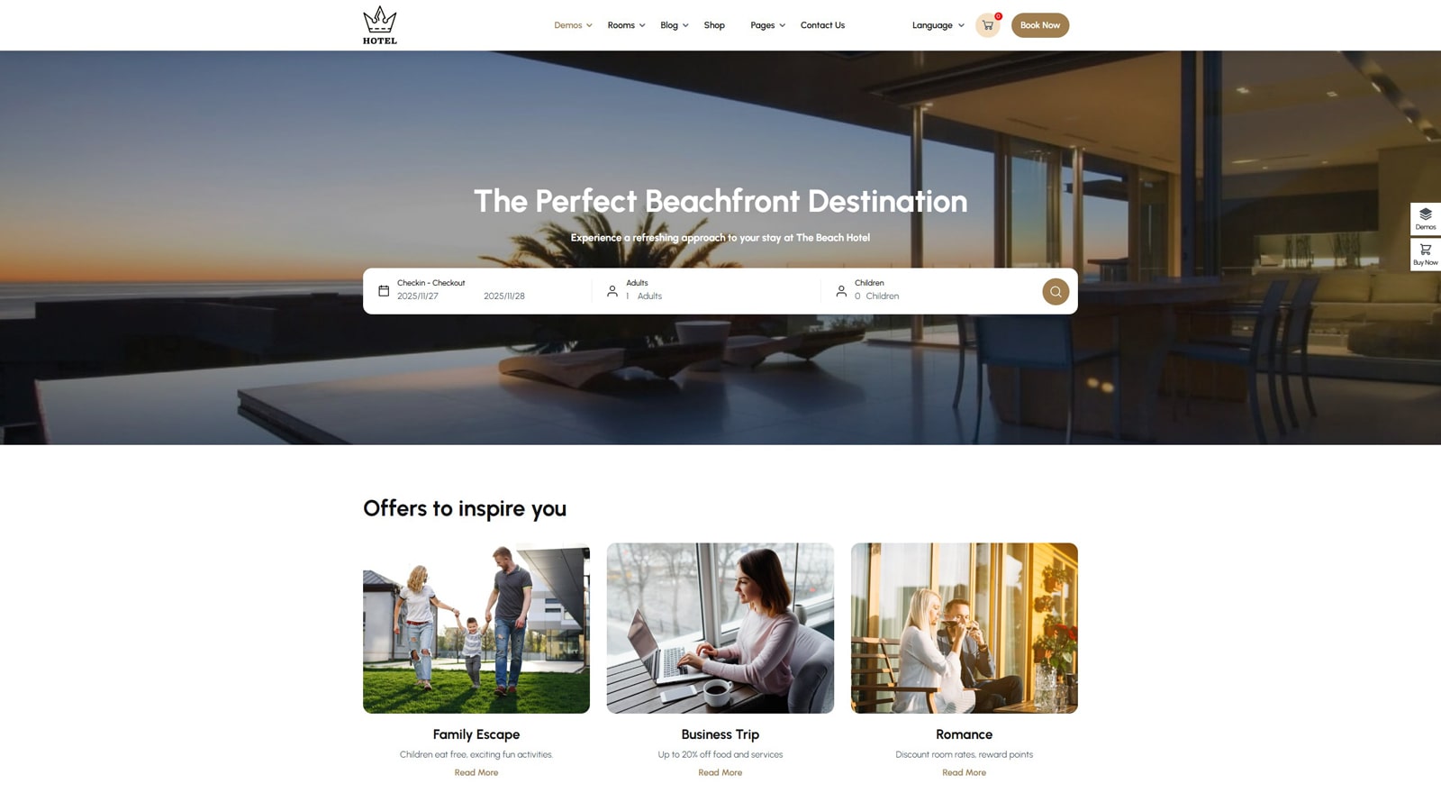 Portrait of Queen Hotel, one of WP Rentals theme alternatives with 2 blog designs.